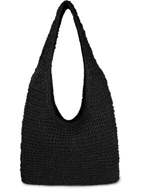 Women's Black Large Straw Beach Bag Handmade Woven Shoulder Bags Hobo Tote